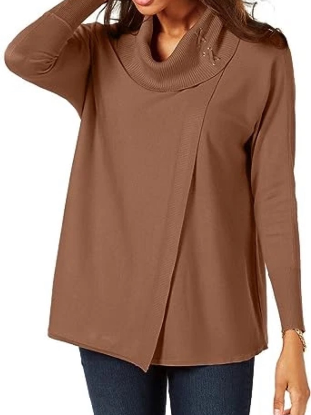 JM Collection Brown Cowl Neck Asymmetric Sweater